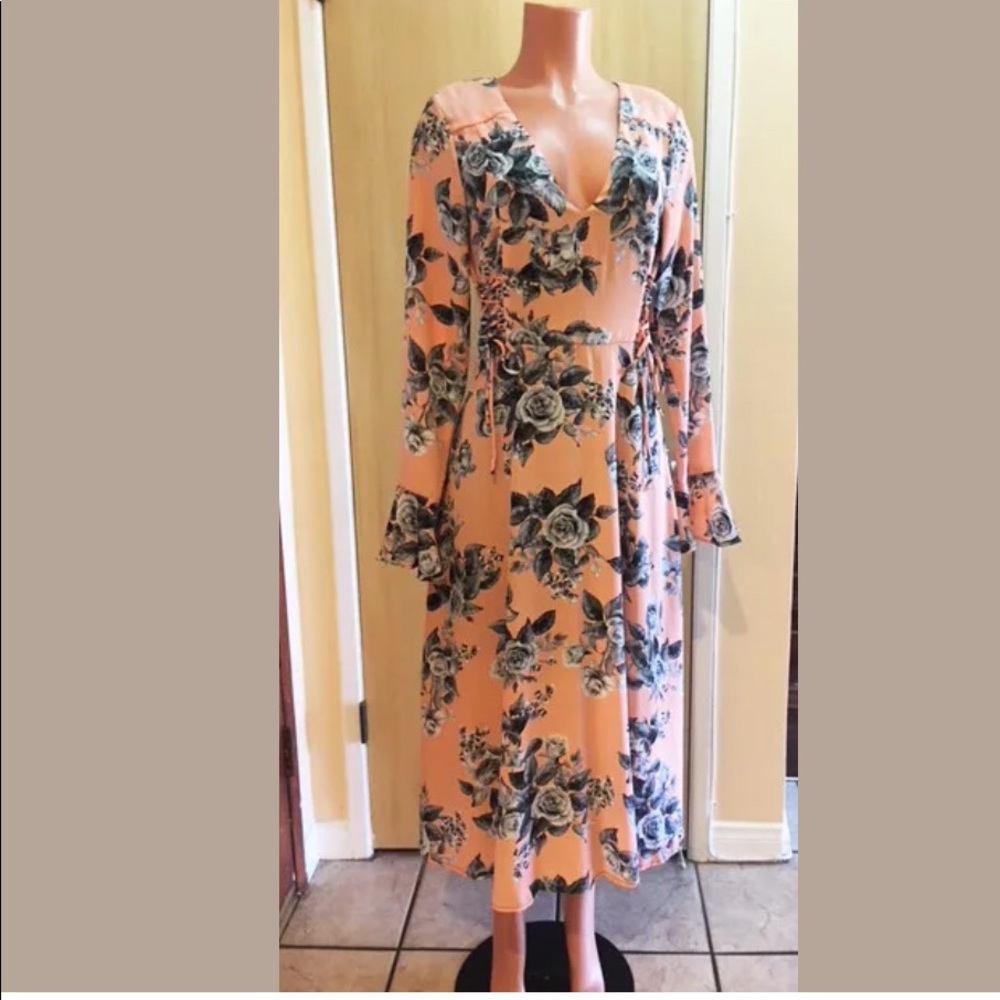 Free People Pink/Grey Rose Print Boho Midi Dress